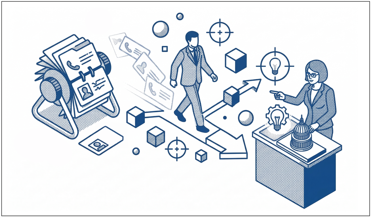 An isometric, blue-and-white line drawing on a white background depicting a conceptual business workflow. On the left, a large, detailed rolodex with stippled shading sits next to a business card. In the center, a man in a suit walks along a path made of large arrows pointing toward the right. Floating around him are various geometric shapes (cubes, spheres), crosshair targets, and business cards. On the right, a woman in a suit stands behind a podium or desk, pointing toward the man. The podium features a small model of a domed building (like a capitol building) and a gear icon with a lightbulb inside. The entire image uses a technical, schematic style with halftone textures and clean linework.